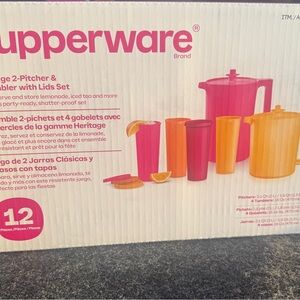 Tupperware Heritage 2 Pitcher & 4 Tumbler Set With Lids Pink Orange